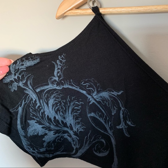 Black silver print dress/tunic with chain straps off shoulder in size small. - Picture 9 of 10